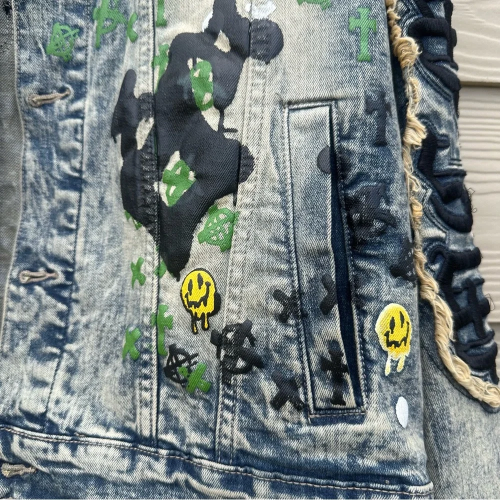 Smoke Rise Denim Jean Jacket Graffiti Streetwear‎ Distressed Stretch Men’s Large